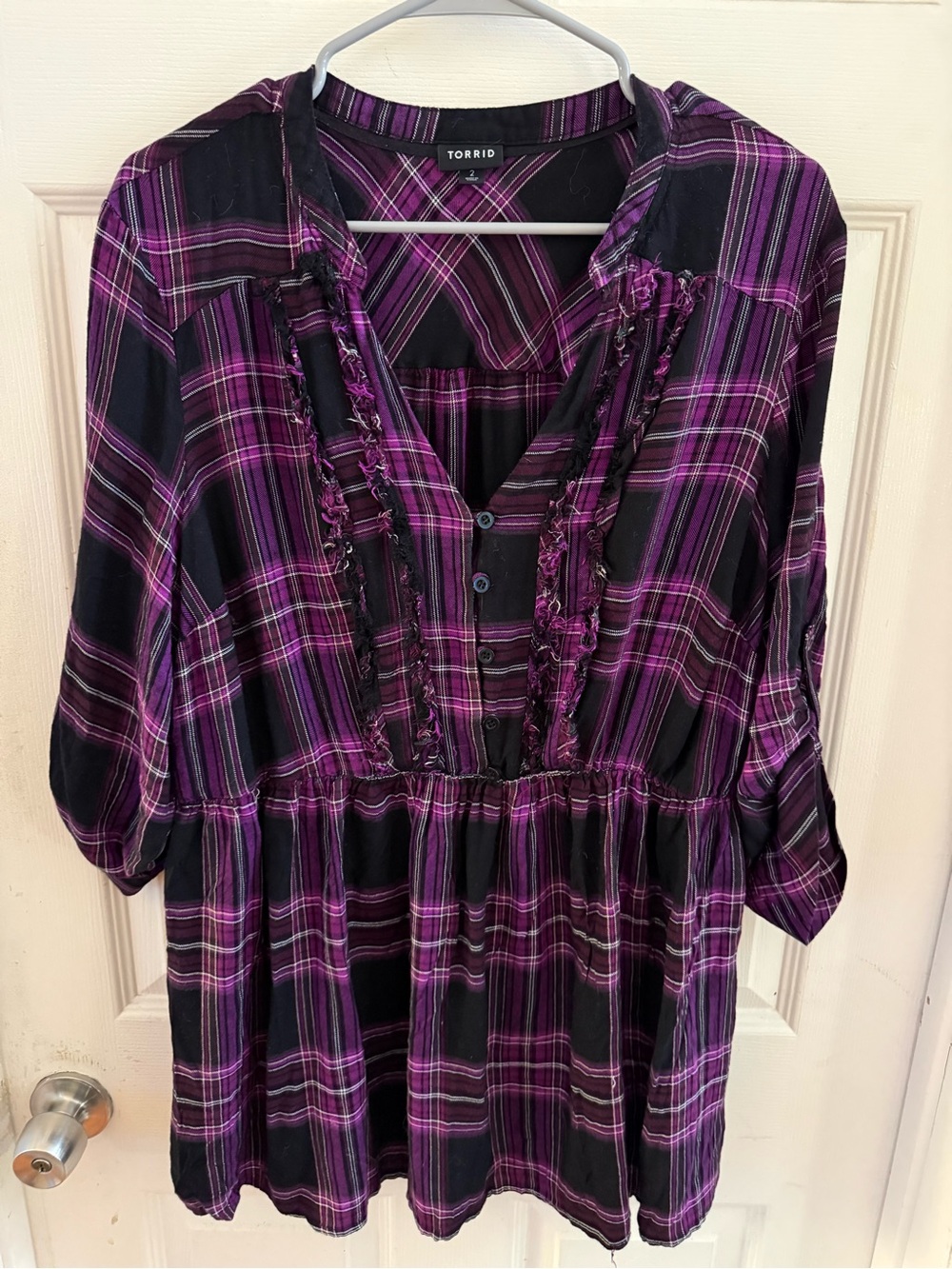 Torrid size 2 Purple Plaid ruffle 3/4 sleeve top